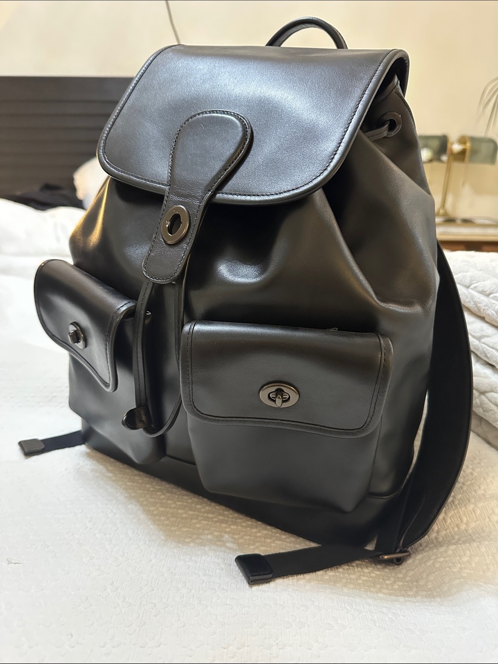 Coach Black Leather Men's Backpack with Front Pockets